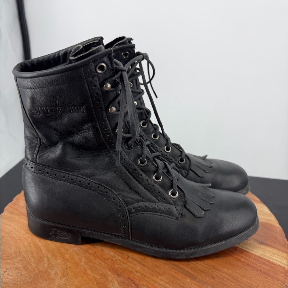 Justin roper lacer boots lace up black leather oxford trim made in the USA sz 7